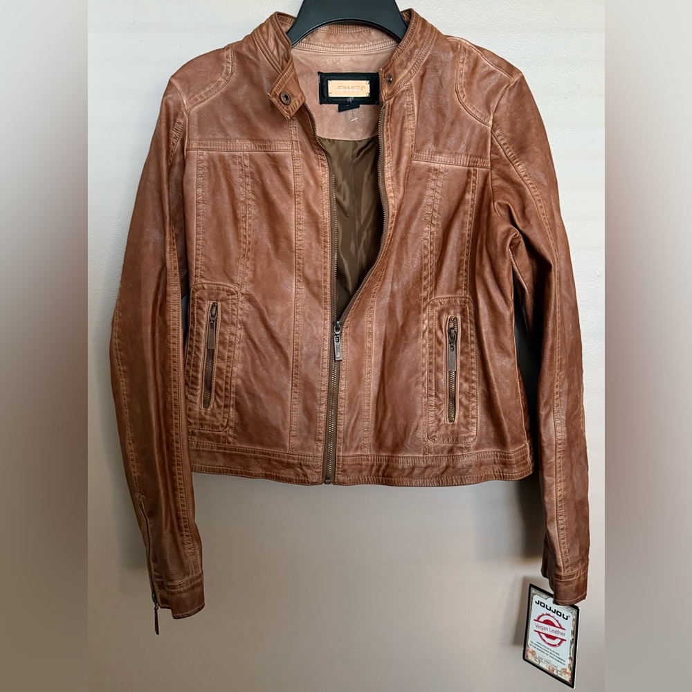 JOUJOU JR'S LARGE BROWN VEGAN LEATHER JACKET ZIPPERS POCKETS NWT